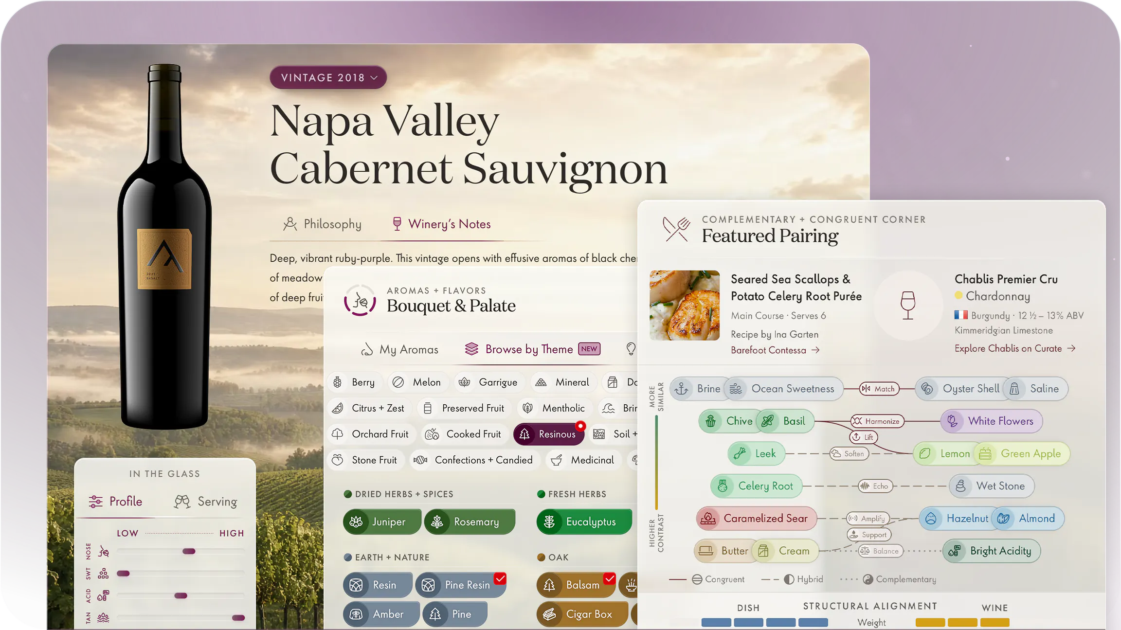 The refreshed Curate interface: warm sandstone surfaces and a refined type system for wine names and structured tasting detail